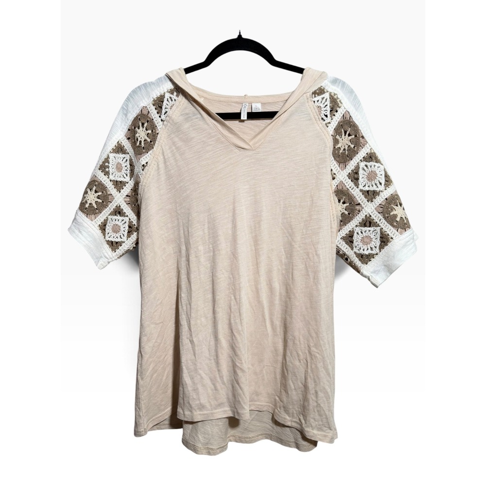 Cato Womens Large Tan Crochet Short Sleeve Hooded Top V-Neck Cotton Modal Mix